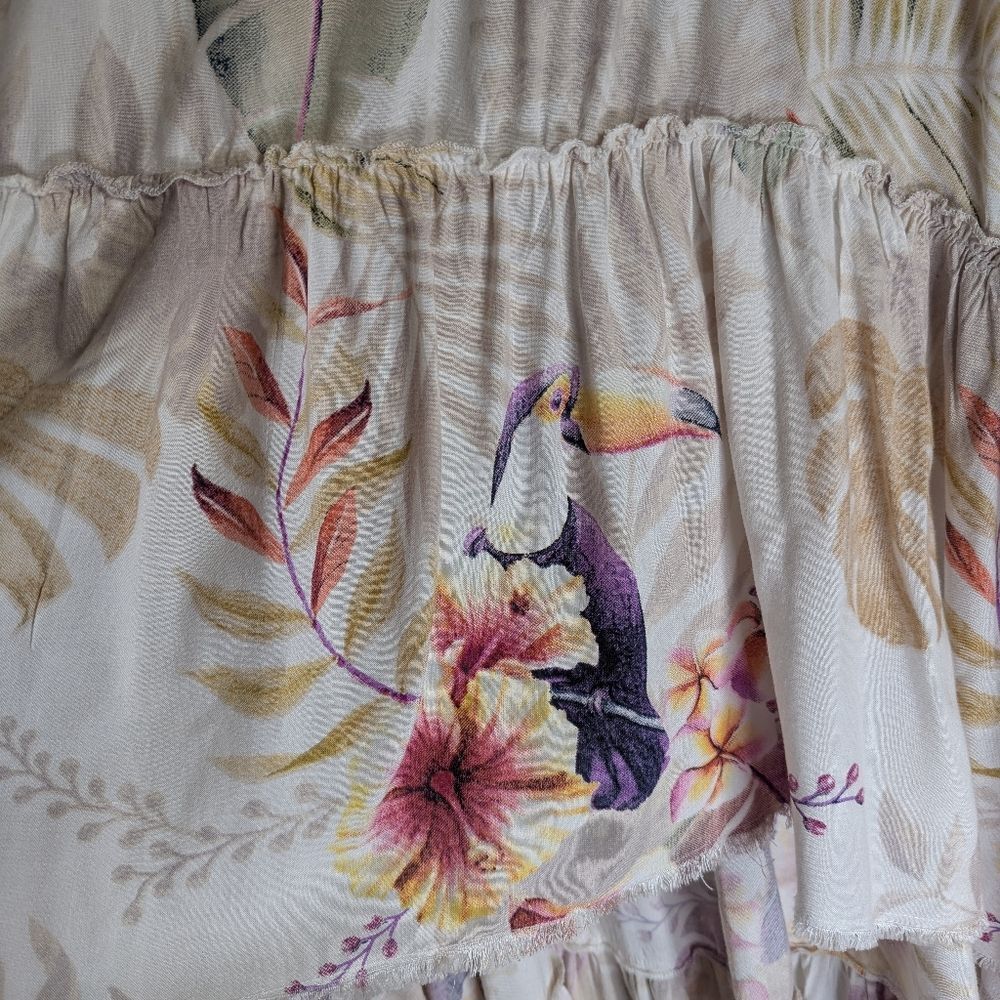 Z & L Cream Multi Tropical Leaf Floral Toucan Bird Tassel Hi-Lo Skirt Womens M - Picture 4 of 9